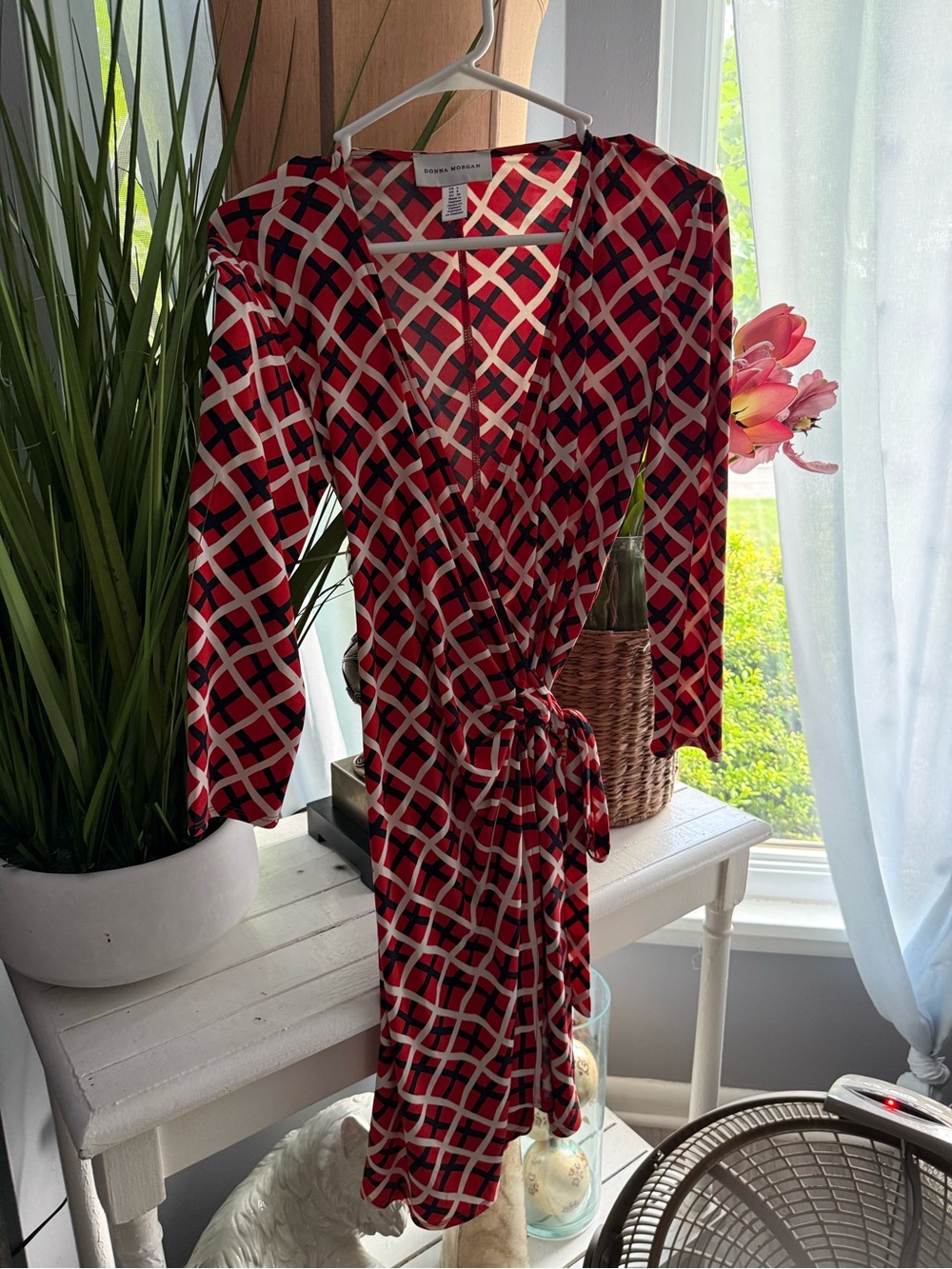 Donna Morgan Red, Black & White Plaid Wrap Dress - Long Sleeve